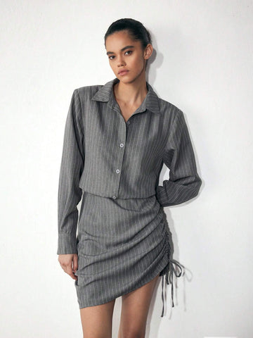 Maija Women's Casual Stripe Side Drawstring Short Dress, Autumn