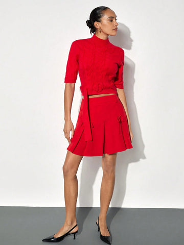 Maija Women's Christmas Bow Tie Waist Pleated Hem Elegant Red Mini Skirt, Autumn/Winter