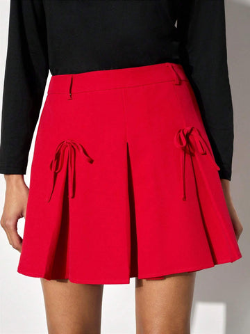 Maija Women's Christmas Bow Tie Waist Pleated Hem Elegant Red Mini Skirt, Autumn/Winter
