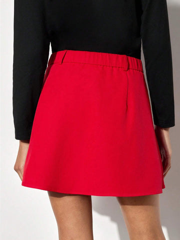 Maija Women's Christmas Bow Tie Waist Pleated Hem Elegant Red Mini Skirt, Autumn/Winter