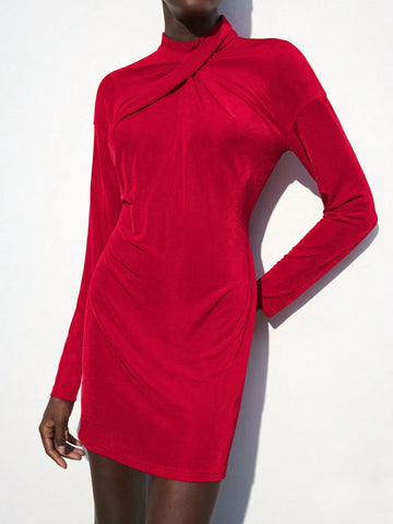 Maija Women's Christmas Collared Overlap Detail Red Mini Dress, Suitable For Autumn/Winter