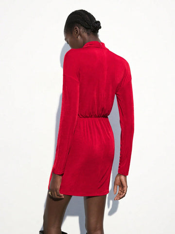 Maija Women's Christmas Collared Overlap Detail Red Mini Dress, Suitable For Autumn/Winter