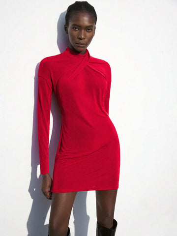 Maija Women's Christmas Collared Overlap Detail Red Mini Dress, Suitable For Autumn/Winter