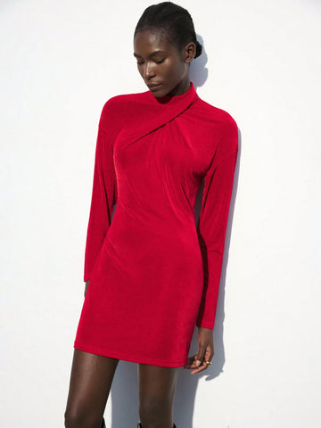 Maija Women's Christmas Collared Overlap Detail Red Mini Dress, Suitable For Autumn/Winter