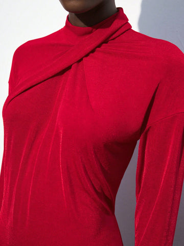 Maija Women's Christmas Collared Overlap Detail Red Mini Dress, Suitable For Autumn/Winter