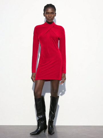 Maija Women's Christmas Collared Overlap Detail Red Mini Dress, Suitable For Autumn/Winter