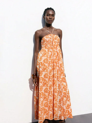 Maija Women's Early Spring & Summer Vacation Bohemian Halter Neck Front Slit Floral Print Dress