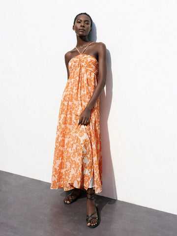 Maija Women's Early Spring & Summer Vacation Bohemian Halter Neck Front Slit Floral Print Dress