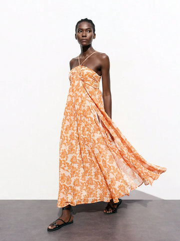 Maija Women's Early Spring & Summer Vacation Bohemian Halter Neck Front Slit Floral Print Dress