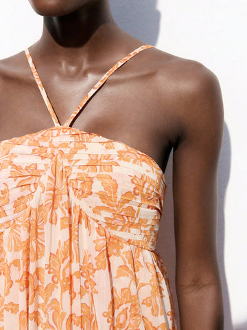 Maija Women's Early Spring & Summer Vacation Bohemian Halter Neck Front Slit Floral Print Dress