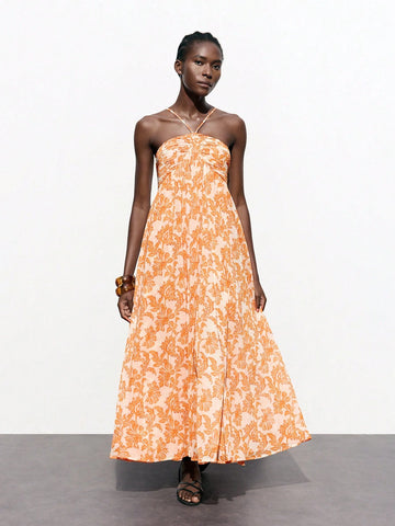 Maija Women's Early Spring & Summer Vacation Bohemian Halter Neck Front Slit Floral Print Dress