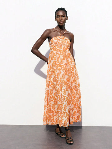 Maija Women's Early Spring & Summer Vacation Bohemian Halter Neck Front Slit Floral Print Dress