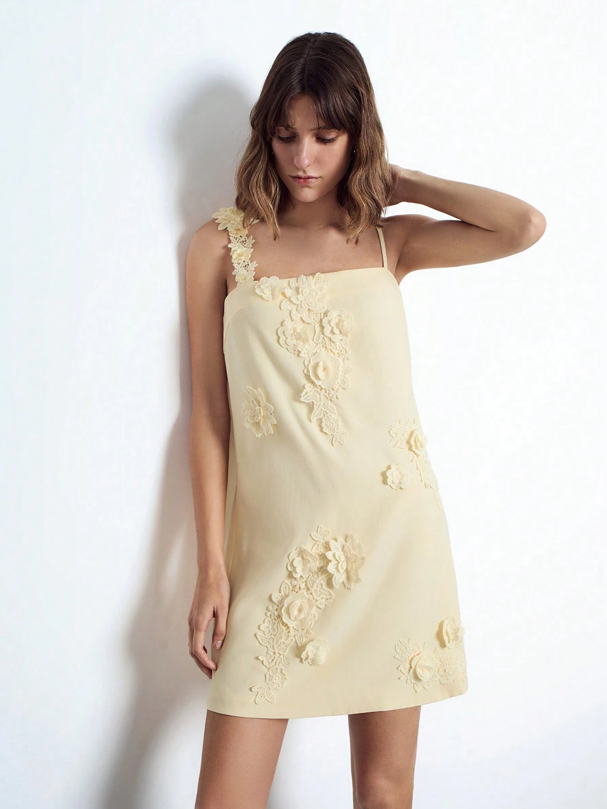 Maija Women's Elegant 3D Floral Decor Asymmetrical Adjustable Strap Casual Mini Dress, Soft Yellow