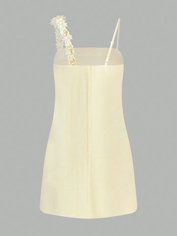 Maija Women's Elegant 3D Floral Decor Asymmetrical Adjustable Strap Casual Mini Dress, Soft Yellow