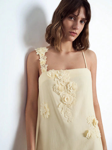 Maija Women's Elegant 3D Floral Decor Asymmetrical Adjustable Strap Casual Mini Dress, Soft Yellow