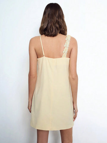 Maija Women's Elegant 3D Floral Decor Asymmetrical Adjustable Strap Casual Mini Dress, Soft Yellow