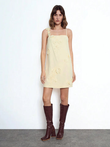 Maija Women's Elegant 3D Floral Decor Asymmetrical Adjustable Strap Casual Mini Dress, Soft Yellow