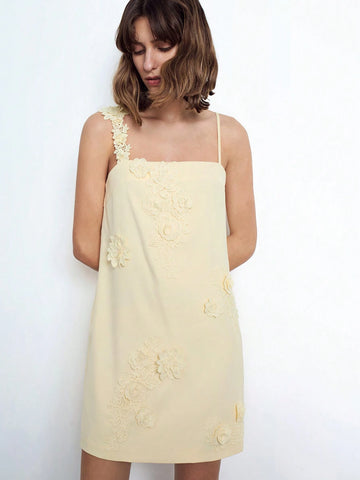 Maija Women's Elegant 3D Floral Decor Asymmetrical Adjustable Strap Casual Mini Dress, Soft Yellow