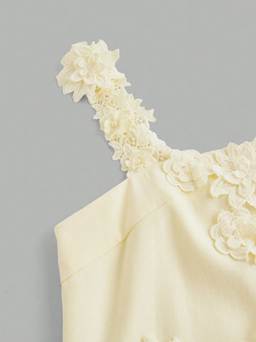 Maija Women's Elegant 3D Floral Decor Asymmetrical Adjustable Strap Casual Mini Dress, Soft Yellow