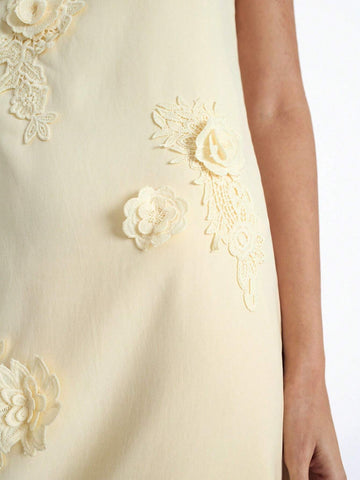 Maija Women's Elegant 3D Floral Decor Asymmetrical Adjustable Strap Casual Mini Dress, Soft Yellow