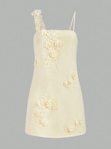 Maija Women's Elegant 3D Floral Decor Asymmetrical Adjustable Strap Casual Mini Dress, Soft Yellow