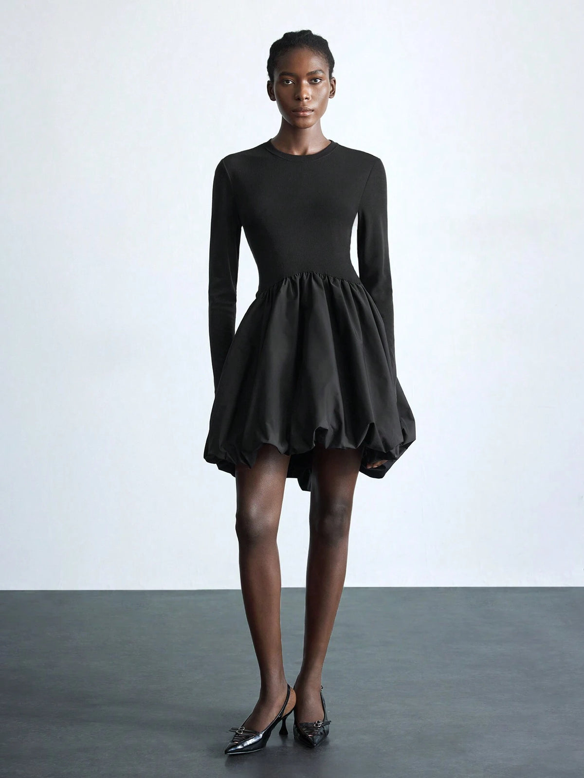 Maija Women's Elegant Black Round Neck Long Sleeve Peplum Hem Christmas Party Mini Dress, Autumn/Winter