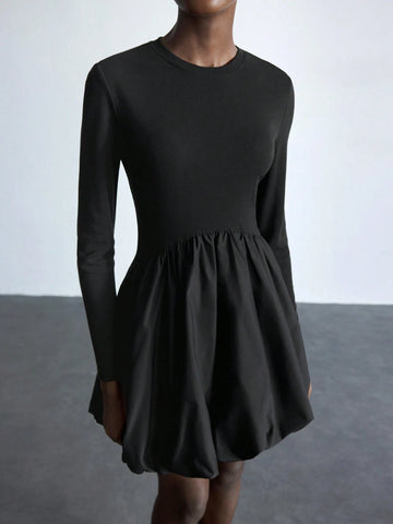 Maija Women's Elegant Black Round Neck Long Sleeve Peplum Hem Christmas Party Mini Dress, Autumn/Winter