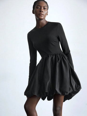 Maija Women's Elegant Black Round Neck Long Sleeve Peplum Hem Christmas Party Mini Dress, Autumn/Winter