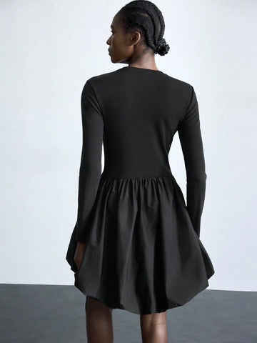 Maija Women's Elegant Black Round Neck Long Sleeve Peplum Hem Christmas Party Mini Dress, Autumn/Winter