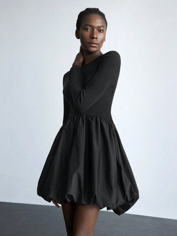 Maija Women's Elegant Black Round Neck Long Sleeve Peplum Hem Christmas Party Mini Dress, Autumn/Winter