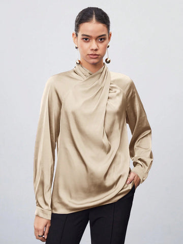 Maija Women's Elegant Solid Color Cross V-Neck Blouse For Autumn