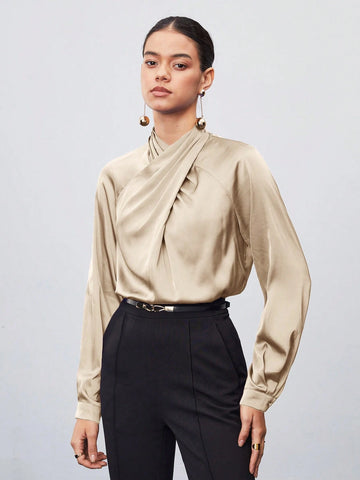 Maija Women's Elegant Solid Color Cross V-Neck Blouse For Autumn