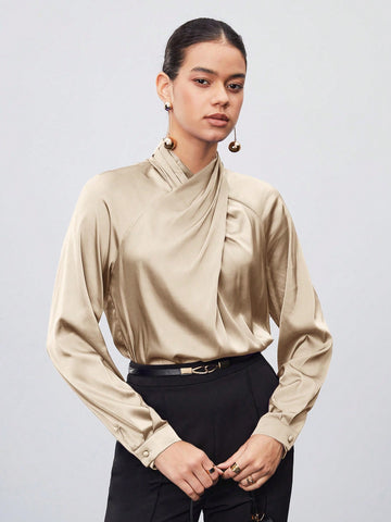 Maija Women's Elegant Solid Color Cross V-Neck Blouse For Autumn