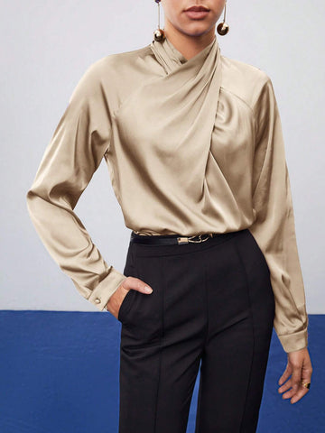 Maija Women's Elegant Solid Color Cross V-Neck Blouse For Autumn