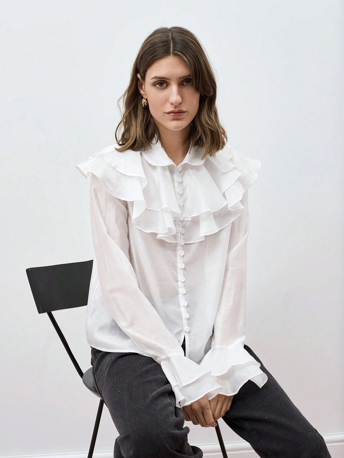 Maija Women's Elegant Solid Color Ruffle Flare Sleeve Blouse