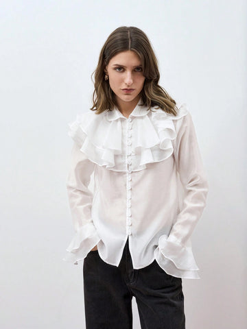 Maija Women's Elegant Solid Color Ruffle Flare Sleeve Blouse