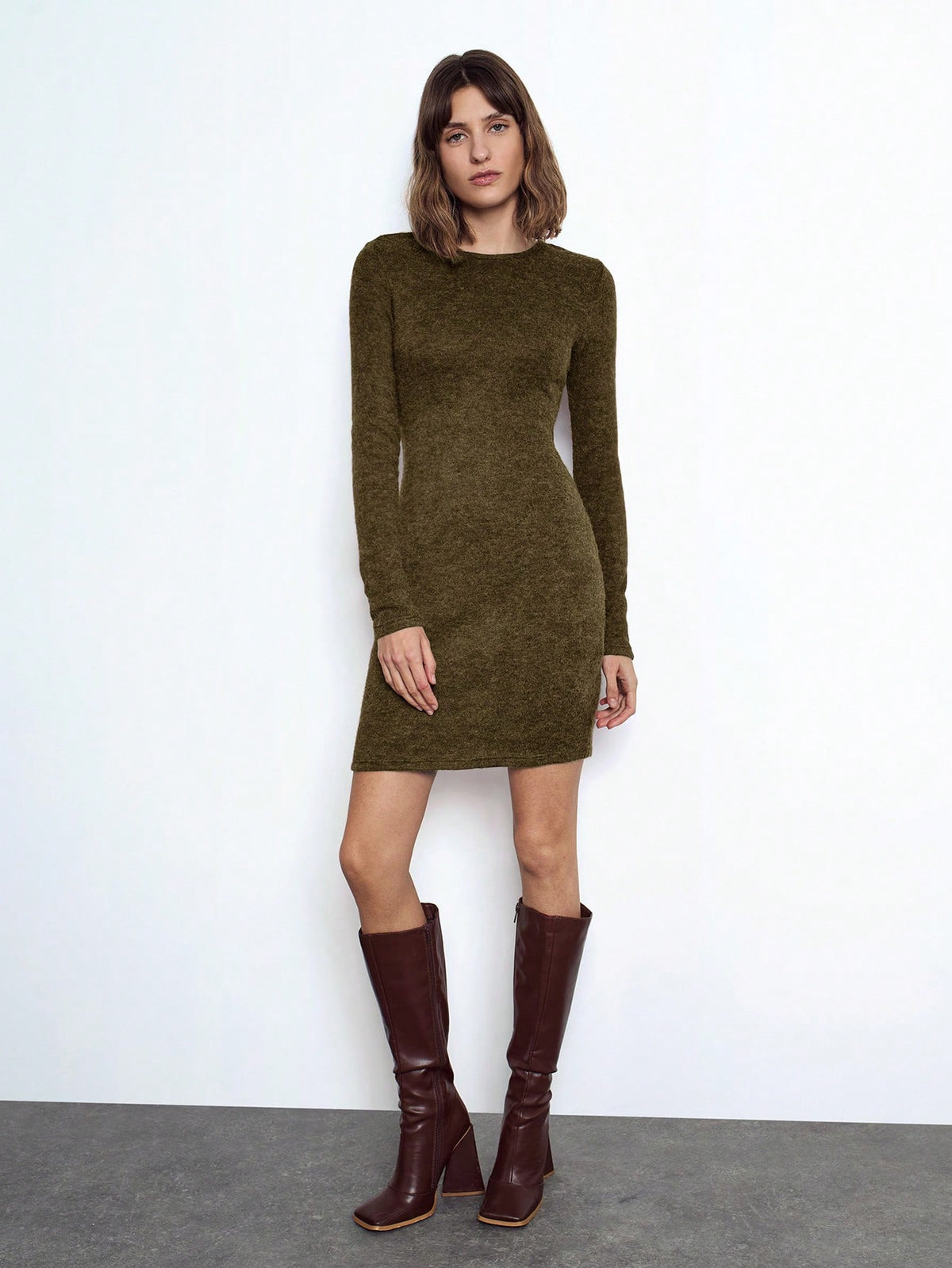 Maija Women's Fashionable Burgundy Faux Fur Sweater Dress, Elegant Urban Versatile Slim Fit Raglan Long Sleeve Mini Dress, Suitable For Autumn And Winter