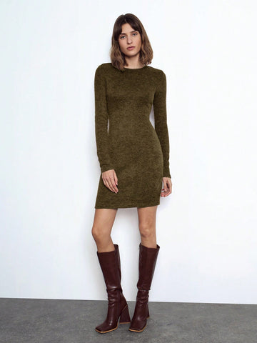 Maija Women's Fashionable Burgundy Faux Fur Sweater Dress, Elegant Urban Versatile Slim Fit Raglan Long Sleeve Mini Dress, Suitable For Autumn And Winter