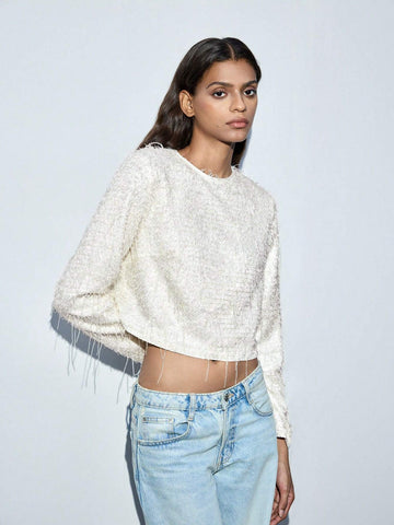 Women's Fashionable Solid Color Fringe Hem Cropped Blouse, Autumn