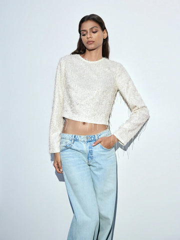 Women's Fashionable Solid Color Fringe Hem Cropped Blouse, Autumn