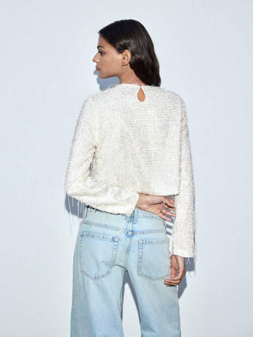 Women's Fashionable Solid Color Fringe Hem Cropped Blouse, Autumn