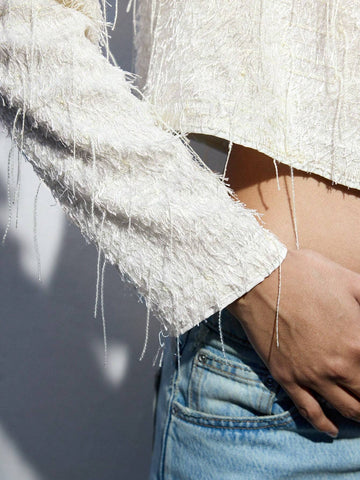 Women's Fashionable Solid Color Fringe Hem Cropped Blouse, Autumn