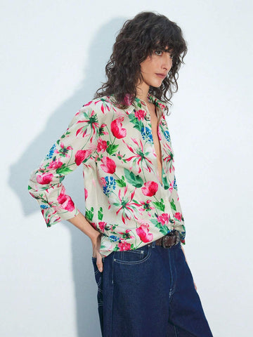 Maija Women's Floral Print Front Button Long Sleeve Casual Shirt