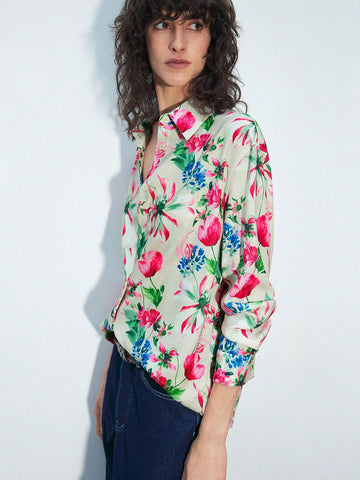 Maija Women's Floral Print Front Button Long Sleeve Casual Shirt