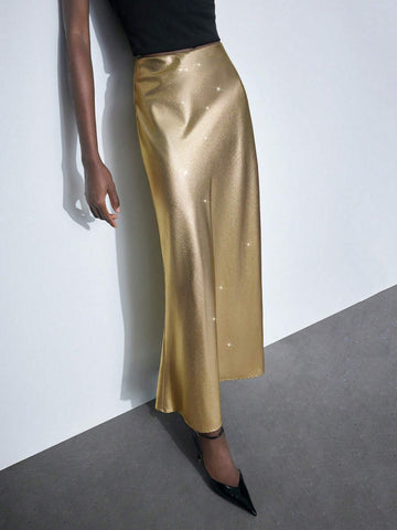Maija Women's Gold Metallic Coated Elastic Pencil Skirt, Fitted Mermaid Tail Silhouette, Modern Christmas Party Skirt