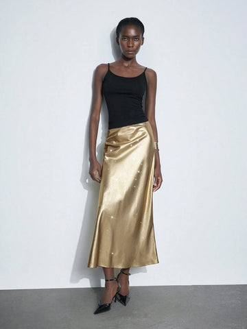 Maija Women's Gold Metallic Coated Elastic Pencil Skirt, Fitted Mermaid Tail Silhouette, Modern Christmas Party Skirt