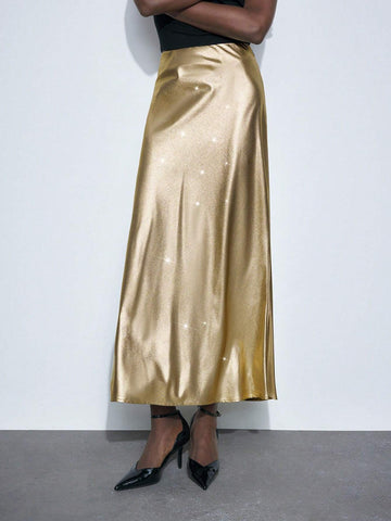 Maija Women's Gold Metallic Coated Elastic Pencil Skirt, Fitted Mermaid Tail Silhouette, Modern Christmas Party Skirt