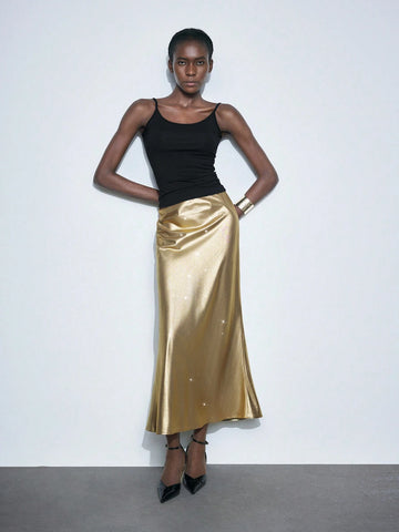 Maija Women's Gold Metallic Coated Elastic Pencil Skirt, Fitted Mermaid Tail Silhouette, Modern Christmas Party Skirt
