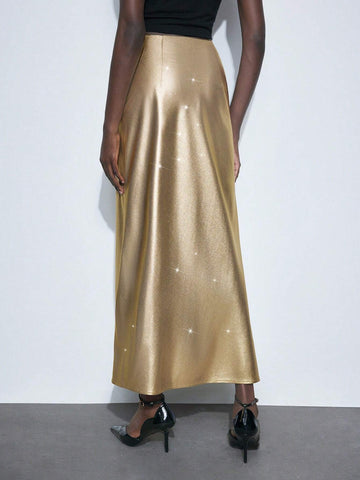 Maija Women's Gold Metallic Coated Elastic Pencil Skirt, Fitted Mermaid Tail Silhouette, Modern Christmas Party Skirt