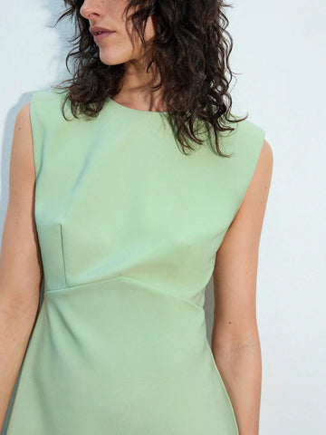 Maija Women's Green Elegant Shoulder Pad Waist Cinching Casual Versatile Mini A-Line Dress, Suitable For Autumn/Winter Daily Wear